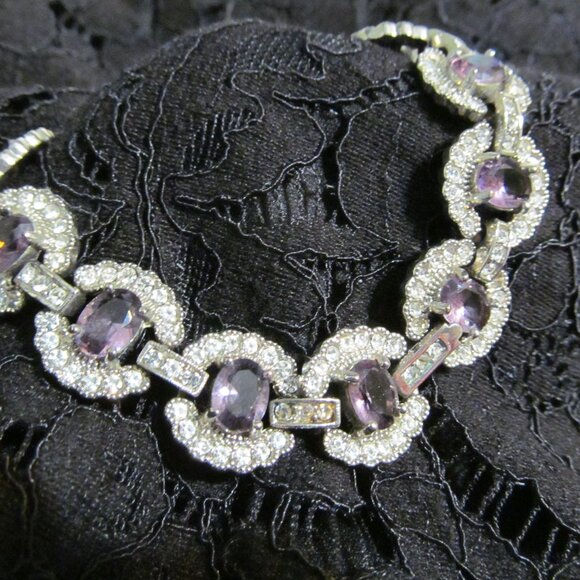 Vintage Faux Amethyst and Faux Diamond bracelet Silver Tone 7-1/2" ~ Stunning! - Picture 7 of 14